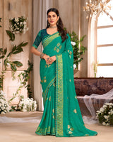 Vishal Prints Emerald Green Printed Chiffon Saree With Foil Print And Cut Work Embroidery Border