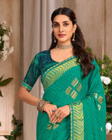 Vishal Prints Emerald Green Printed Chiffon Saree With Foil Print And Cut Work Embroidery Border