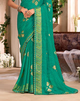 Vishal Prints Emerald Green Printed Chiffon Saree With Foil Print And Cut Work Embroidery Border
