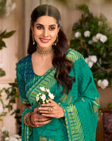 Vishal Prints Emerald Green Printed Chiffon Saree With Foil Print And Cut Work Embroidery Border