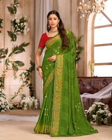 Vishal Prints Olive Green Printed Chiffon Saree With Foil Print And Cut Work Embroidery Border