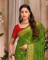 Vishal Prints Olive Green Printed Chiffon Saree With Foil Print And Cut Work Embroidery Border