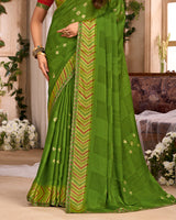 Vishal Prints Olive Green Printed Chiffon Saree With Foil Print And Cut Work Embroidery Border