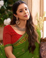 Vishal Prints Olive Green Printed Chiffon Saree With Foil Print And Cut Work Embroidery Border