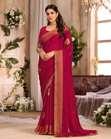 Vishal Prints Wine Magenta Printed Chiffon Saree With Foil Print And Cut Work Embroidery Border