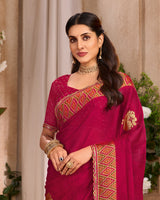 Vishal Prints Wine Magenta Printed Chiffon Saree With Foil Print And Cut Work Embroidery Border