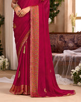 Vishal Prints Wine Magenta Printed Chiffon Saree With Foil Print And Cut Work Embroidery Border