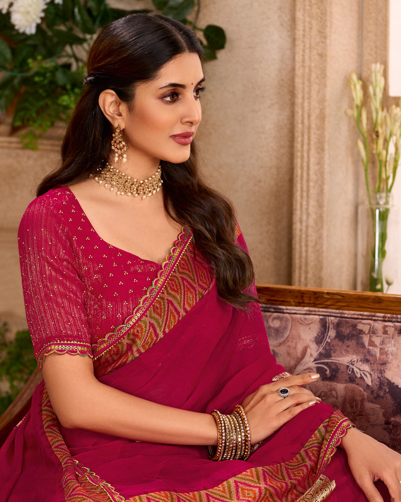 Vishal Prints Wine Magenta Printed Chiffon Saree With Foil Print And Cut Work Embroidery Border