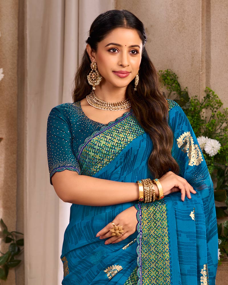 Vishal Prints Venice Blue Printed Chiffon Saree With Foil Print And Cut Work Embroidery Border