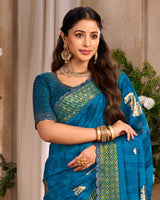 Vishal Prints Venice Blue Printed Chiffon Saree With Foil Print And Cut Work Embroidery Border