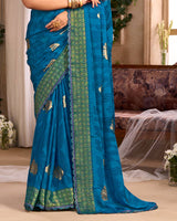 Vishal Prints Venice Blue Printed Chiffon Saree With Foil Print And Cut Work Embroidery Border