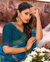 Vishal Prints Venice Blue Printed Chiffon Saree With Foil Print And Cut Work Embroidery Border