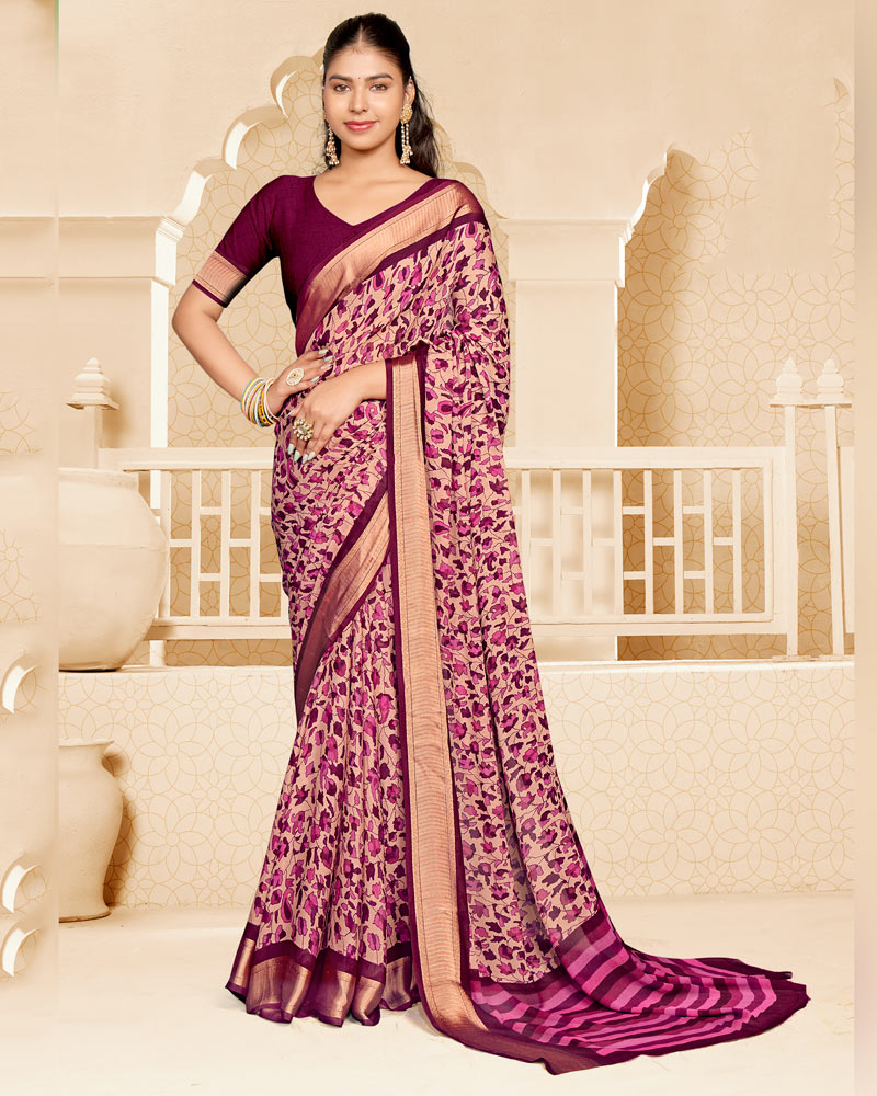 Vishal Prints Red Purple Criva Crepe Digital Print Saree With Weaved Viscose Patta