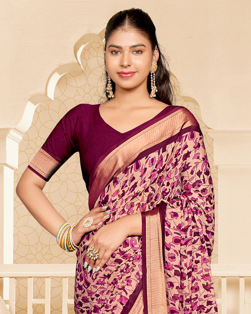 Vishal Prints Red Purple Criva Crepe Digital Print Saree With Weaved Viscose Patta