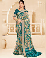 Vishal Prints Dusty Teal Green Criva Crepe Digital Print Saree With Weaved Viscose Patta