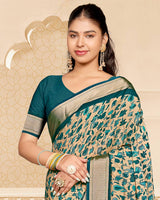 Vishal Prints Dusty Teal Green Criva Crepe Digital Print Saree With Weaved Viscose Patta