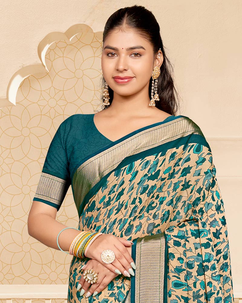 Vishal Prints Dusty Teal Green Criva Crepe Digital Print Saree With Weaved Viscose Patta