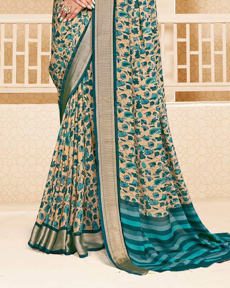 Vishal Prints Dusty Teal Green Criva Crepe Digital Print Saree With Weaved Viscose Patta