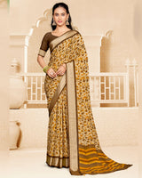 Vishal Prints Oak Brown And Mustard Criva Crepe Digital Print Saree With Weaved Viscose Patta
