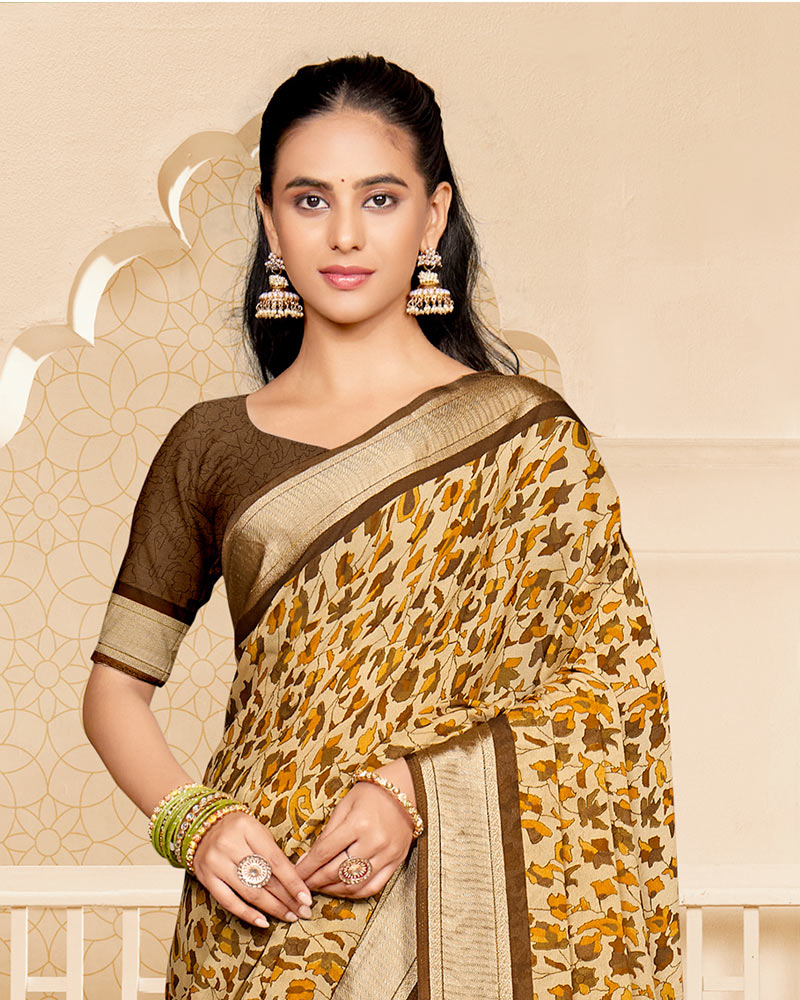 Vishal Prints Oak Brown And Mustard Criva Crepe Digital Print Saree With Weaved Viscose Patta