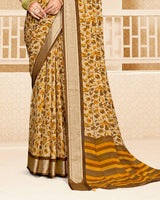 Vishal Prints Oak Brown And Mustard Criva Crepe Digital Print Saree With Weaved Viscose Patta