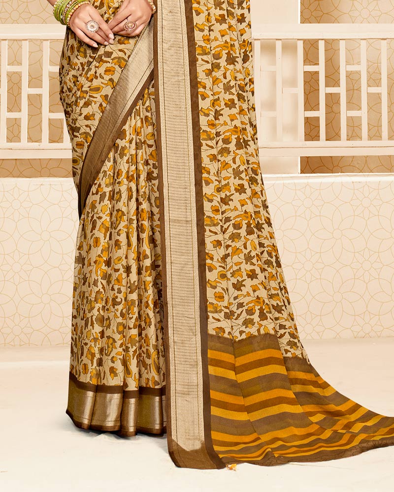 Vishal Prints Oak Brown And Mustard Criva Crepe Digital Print Saree With Weaved Viscose Patta