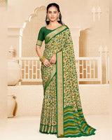 Vishal Prints Dark Spring Green Criva Crepe Digital Print Saree With Weaved Viscose Patta