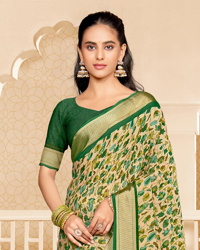 Vishal Prints Dark Spring Green Criva Crepe Digital Print Saree With Weaved Viscose Patta