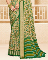 Vishal Prints Dark Spring Green Criva Crepe Digital Print Saree With Weaved Viscose Patta