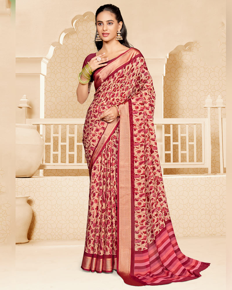 Vishal Prints Bright Burgundy Criva Crepe Digital Print Saree With Weaved Viscose Patta