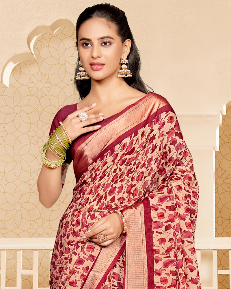 Vishal Prints Bright Burgundy Criva Crepe Digital Print Saree With Weaved Viscose Patta