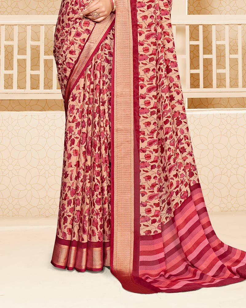 Vishal Prints Bright Burgundy Criva Crepe Digital Print Saree With Weaved Viscose Patta