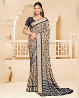 Vishal Prints Charcoal Grey Criva Crepe Digital Print Saree With Weaved Viscose Patta
