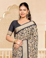 Vishal Prints Charcoal Grey Criva Crepe Digital Print Saree With Weaved Viscose Patta