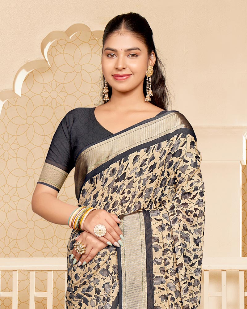 Vishal Prints Charcoal Grey Criva Crepe Digital Print Saree With Weaved Viscose Patta