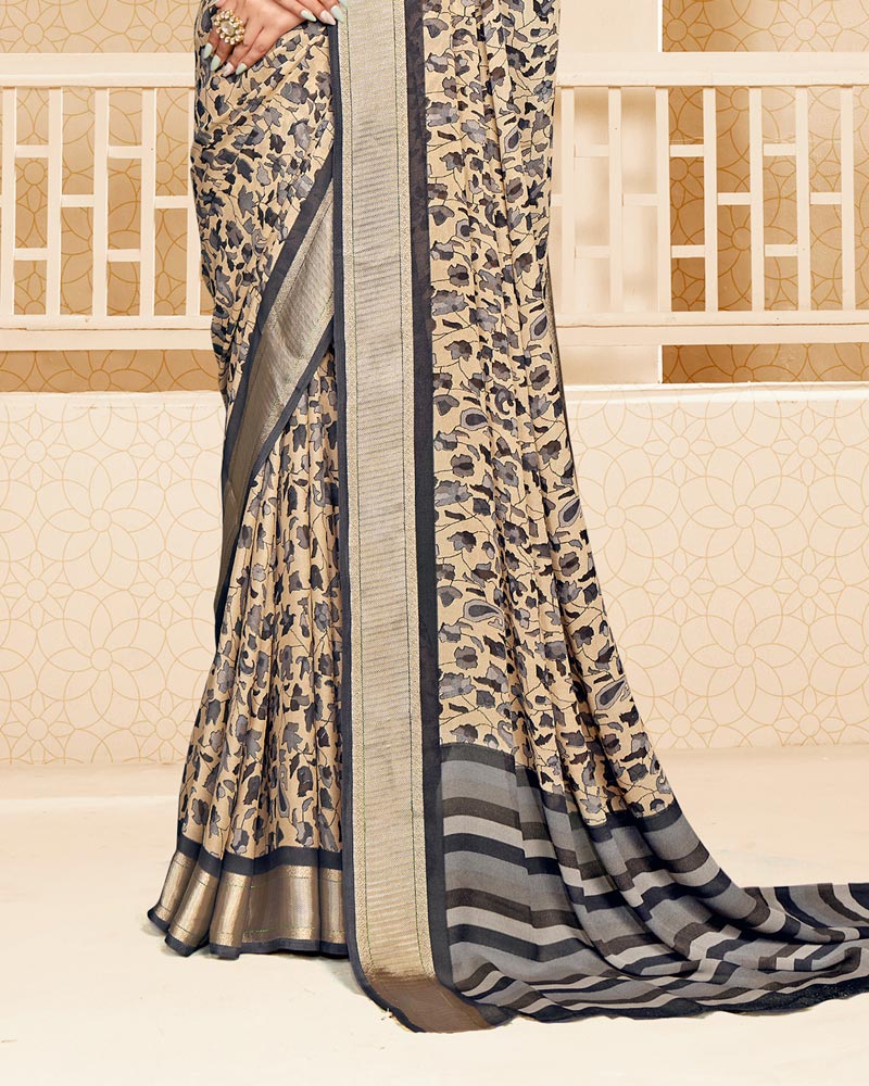 Vishal Prints Charcoal Grey Criva Crepe Digital Print Saree With Weaved Viscose Patta