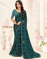 Vishal Prints Peacock Blue Printed Chiffon Saree With Foil Print And Fancy Border