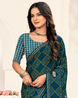 Vishal Prints Peacock Blue Printed Chiffon Saree With Foil Print And Fancy Border