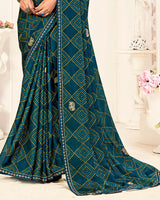 Vishal Prints Peacock Blue Printed Chiffon Saree With Foil Print And Fancy Border