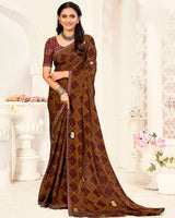 Vishal Prints Rusty Red Printed Chiffon Saree With Foil Print And Fancy Border