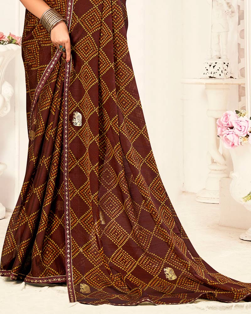 Vishal Prints Rusty Red Printed Chiffon Saree With Foil Print And Fancy Border