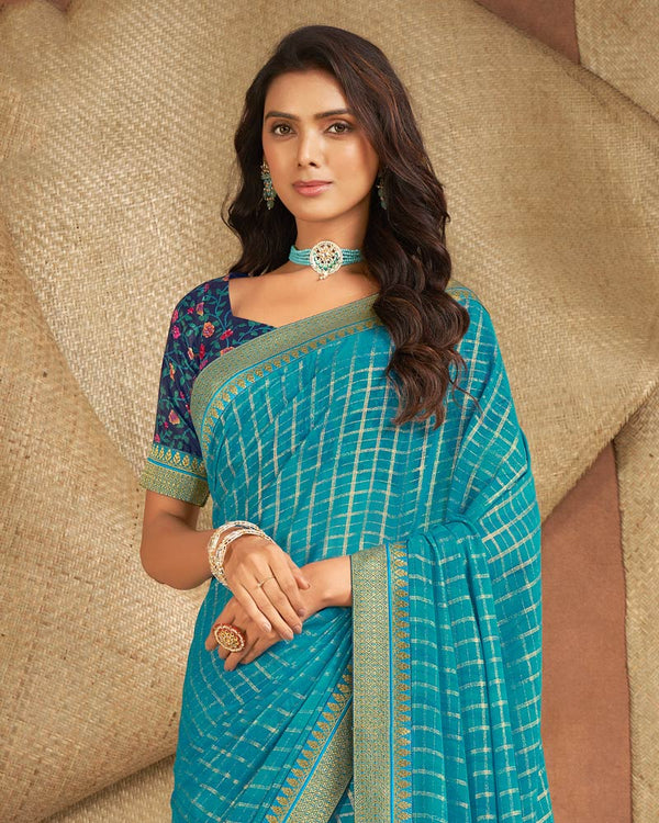 Vishal Prints Dark Turquoise Blue Printed Georgette Saree With Foil Print And Zari Border
