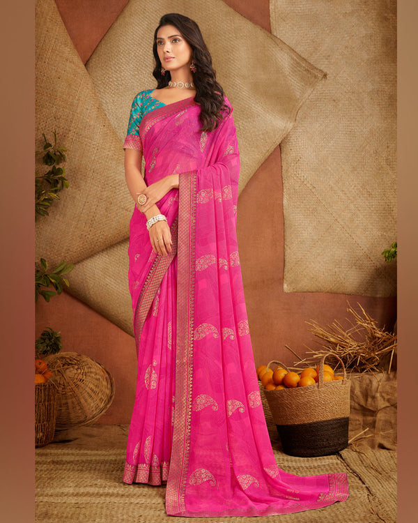 Vishal Prints Hot Pink Printed Georgette Saree With Foil Print And Zari Border