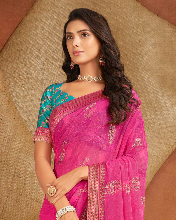 Vishal Prints Hot Pink Printed Georgette Saree With Foil Print And Zari Border
