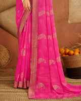 Vishal Prints Hot Pink Printed Georgette Saree With Foil Print And Zari Border