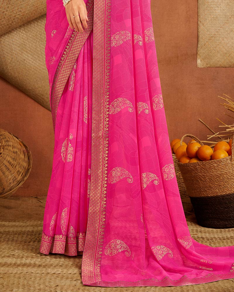 Vishal Prints Hot Pink Printed Georgette Saree With Foil Print And Zari Border