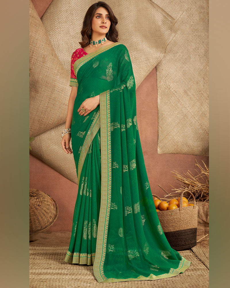 Vishal Prints Bottle Green Printed Georgette Saree With Foil Print And Zari Border