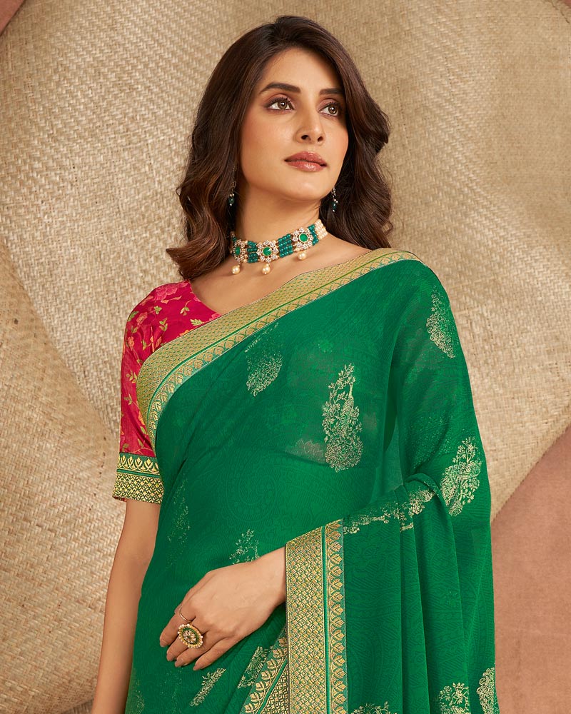 Vishal Prints Bottle Green Printed Georgette Saree With Foil Print And Zari Border