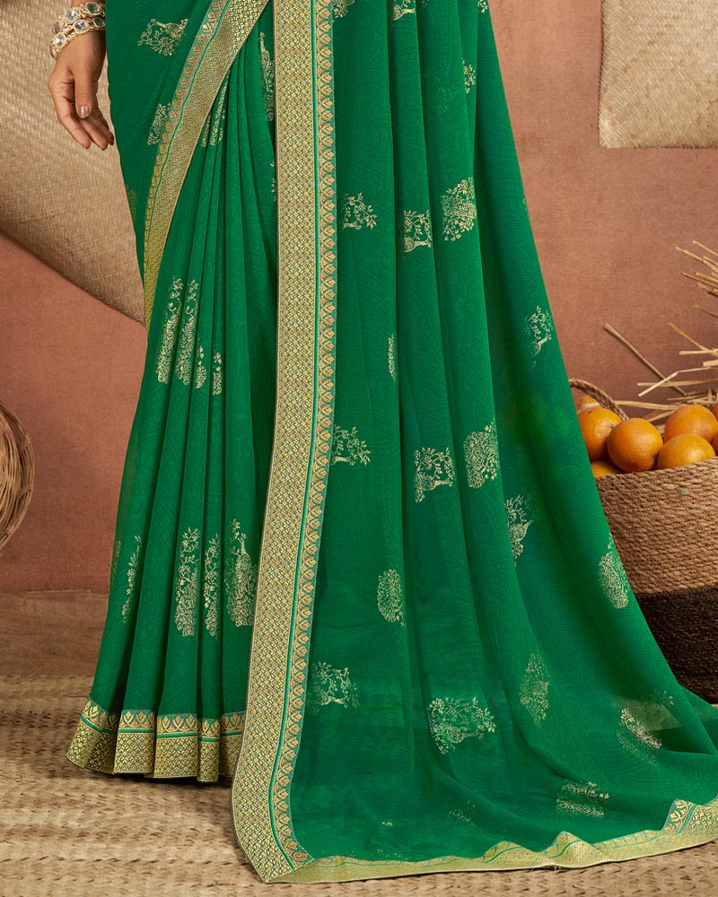 Vishal Prints Bottle Green Printed Georgette Saree With Foil Print And Zari Border