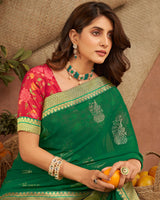 Vishal Prints Bottle Green Printed Georgette Saree With Foil Print And Zari Border